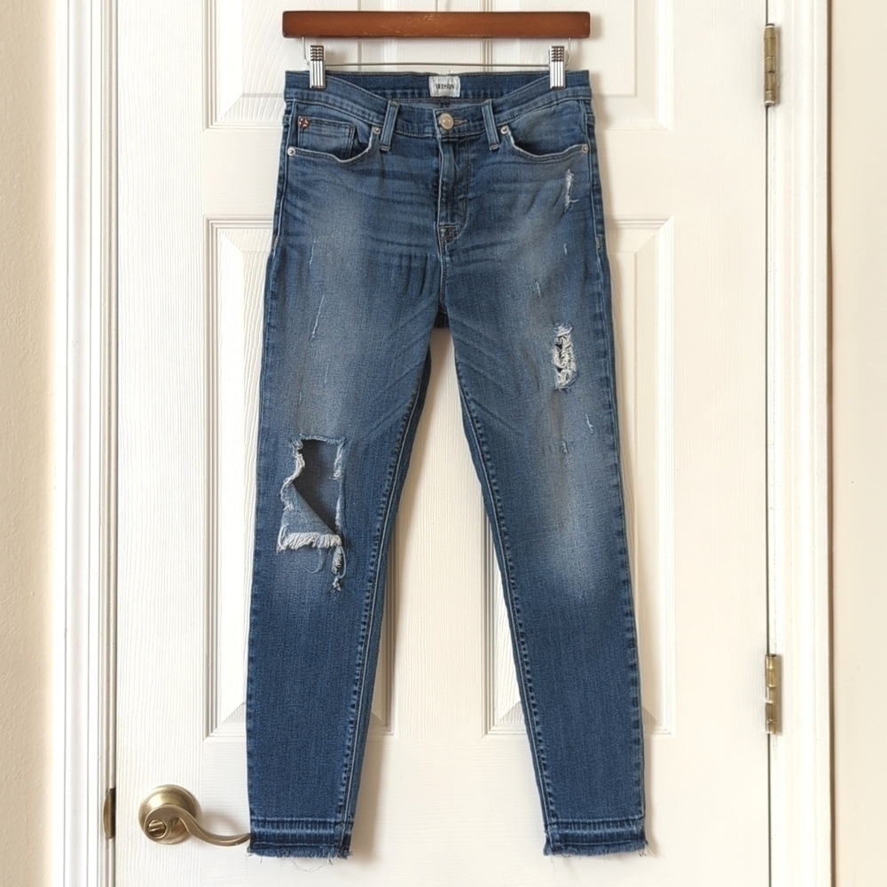Hudson Nico Medium Wash Mid Rise Distressed Ankle Cropped Skinny Jeans Blue 28